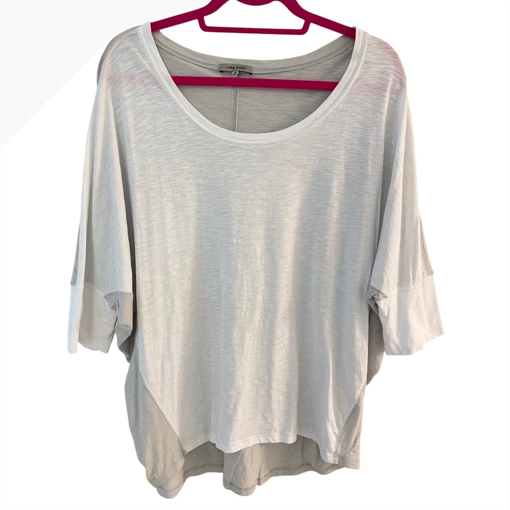 Lisa Todd White Gray Pima Cotton Colorblock Dolman Scoop Neck Top Medium